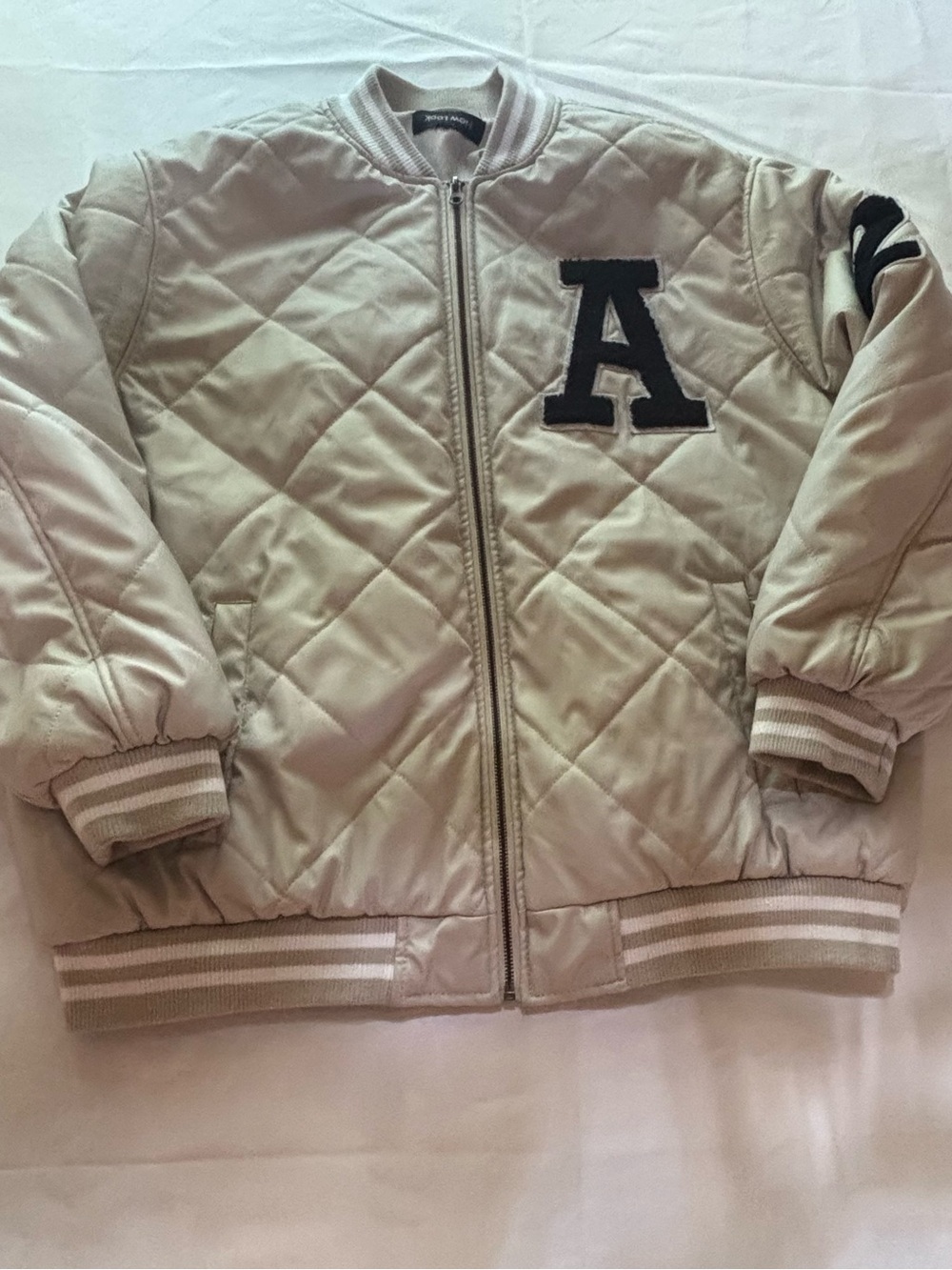New Look Quilted Satin Varsity Bomber Jacket Cream Collegiate A Patch Y2K